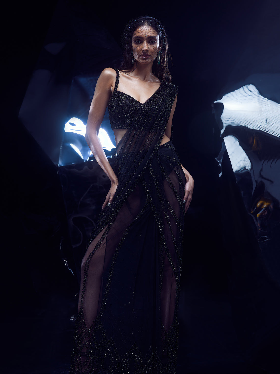 Hematite Metallic Pre-Stitched Sari