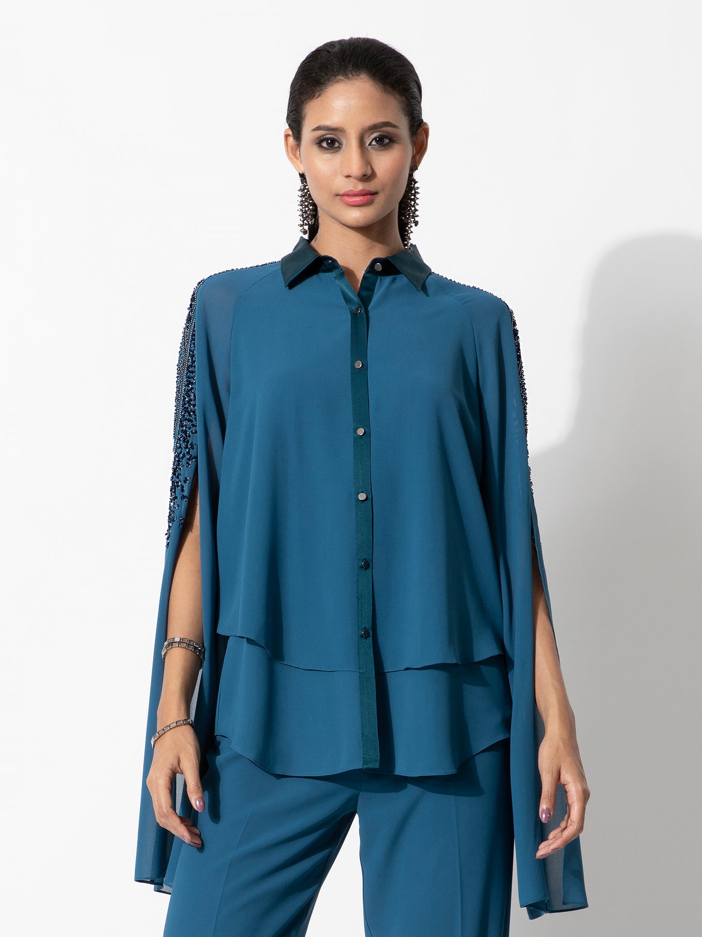 Paneled Shirt with Slit Sleeves