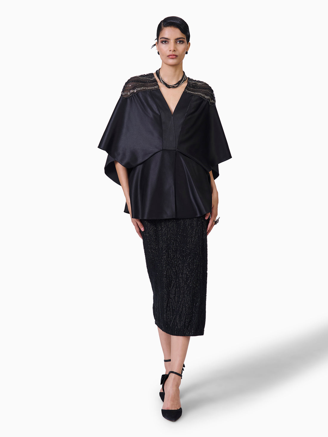 Satin Peplum Top With Bead Embroidery