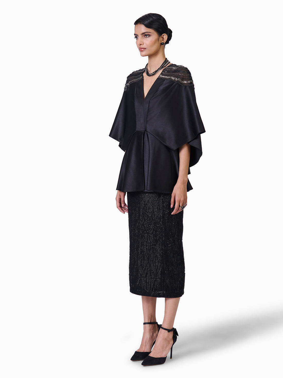 Satin Peplum Top With Bead Embroidery