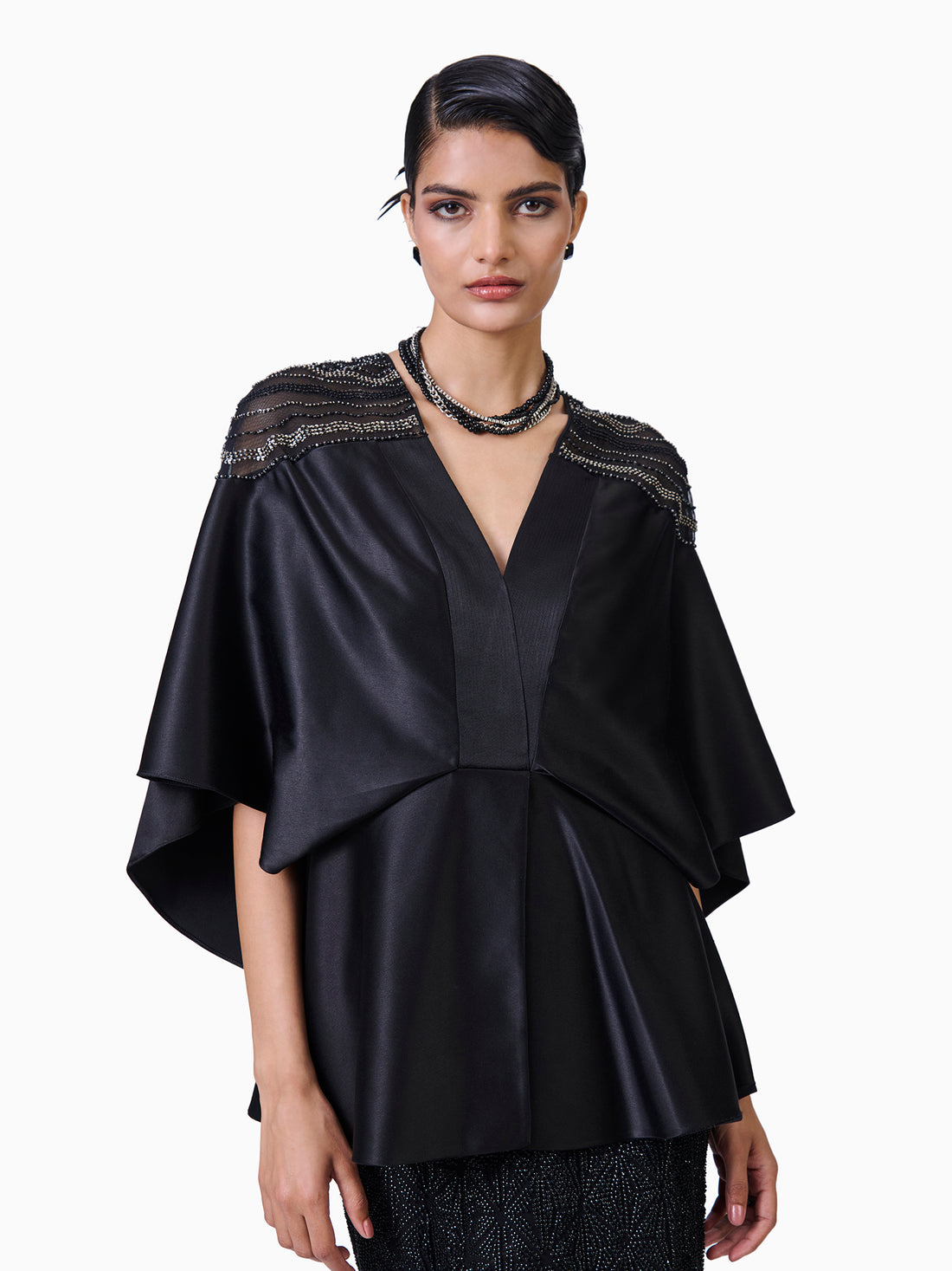 Satin Peplum Top With Bead Embroidery