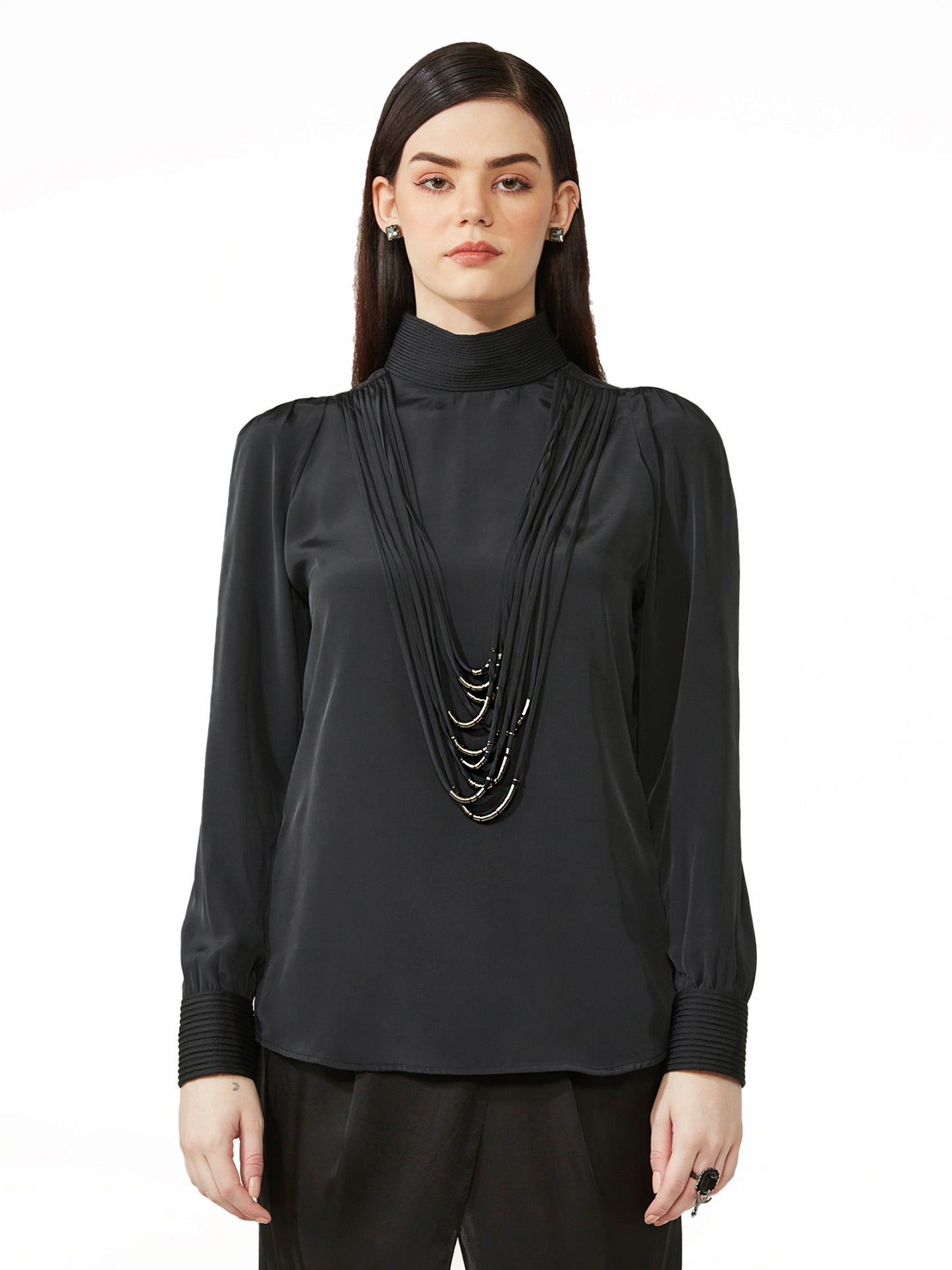 Mock Neck Blouse With Necklace Detail