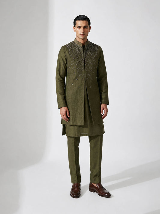 Olive Embellished Long Bandhgala