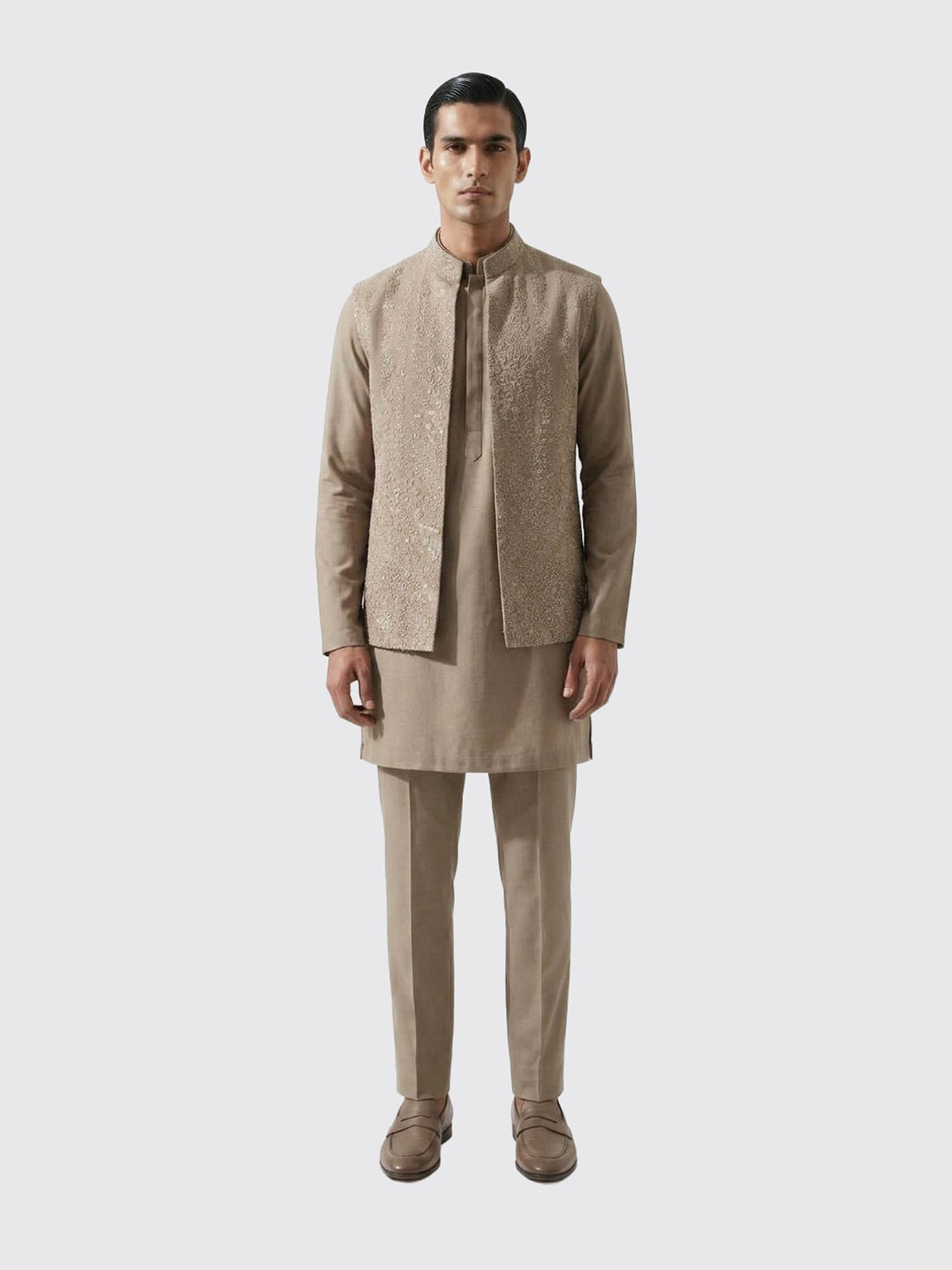 Taupe Embroidered Waist Jacket