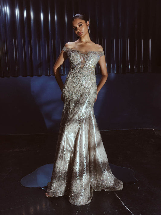 Moonlit Feathered Gown