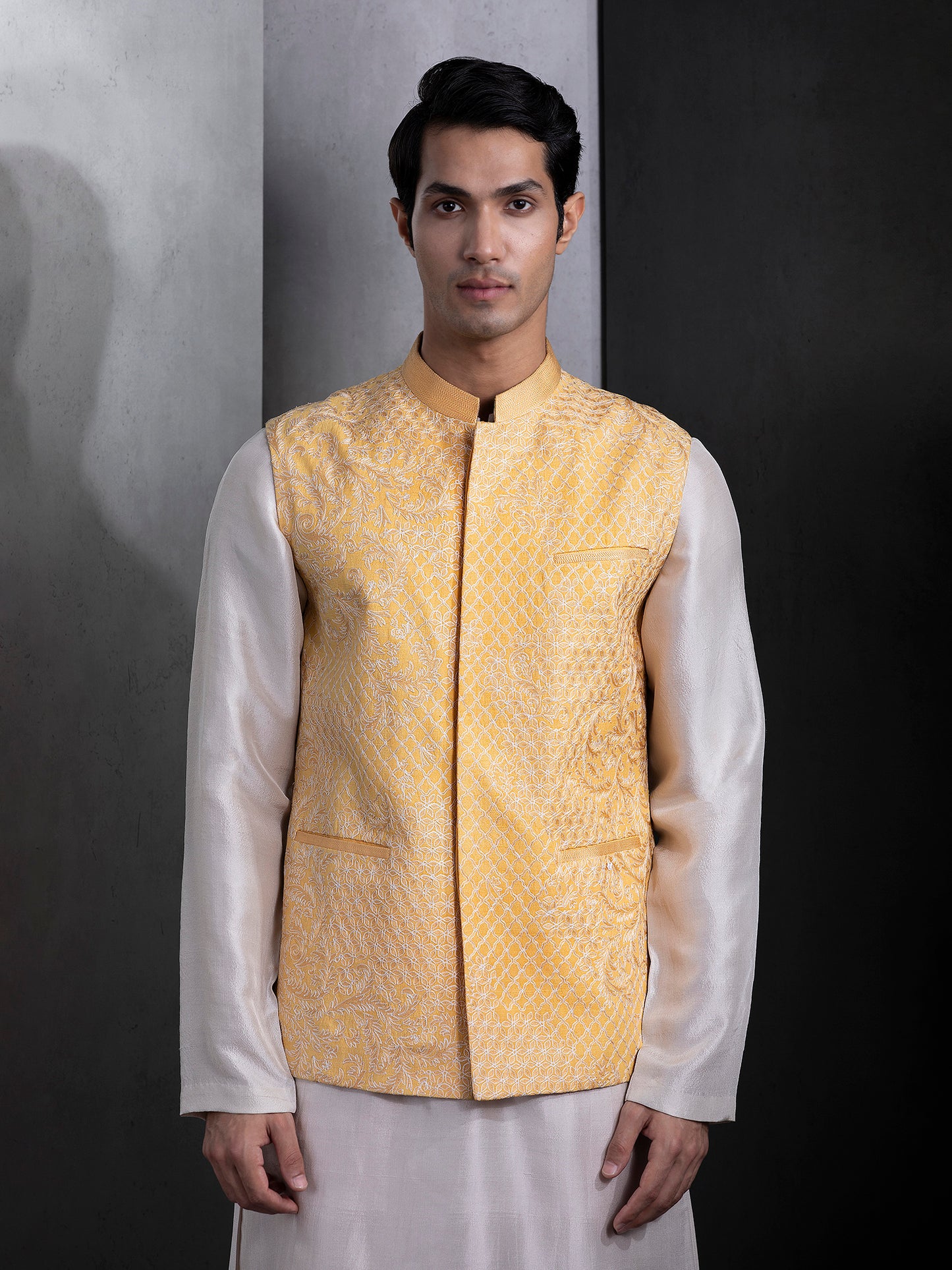 Sunrise Mustard with Ivory Highlights Web Embroidered Jacket Set