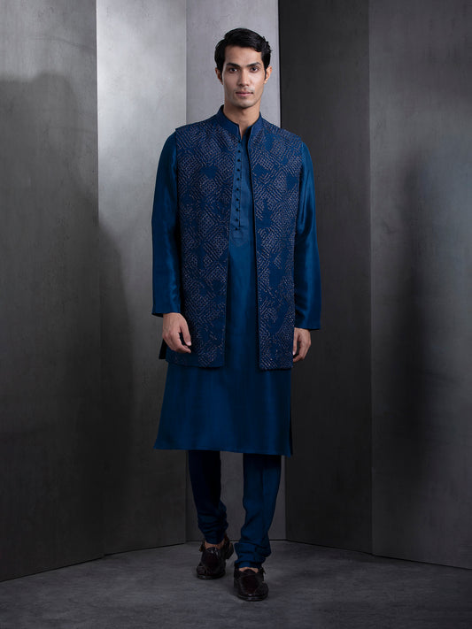 Long Hand Embroidered Galaxy Blue Bundi Set