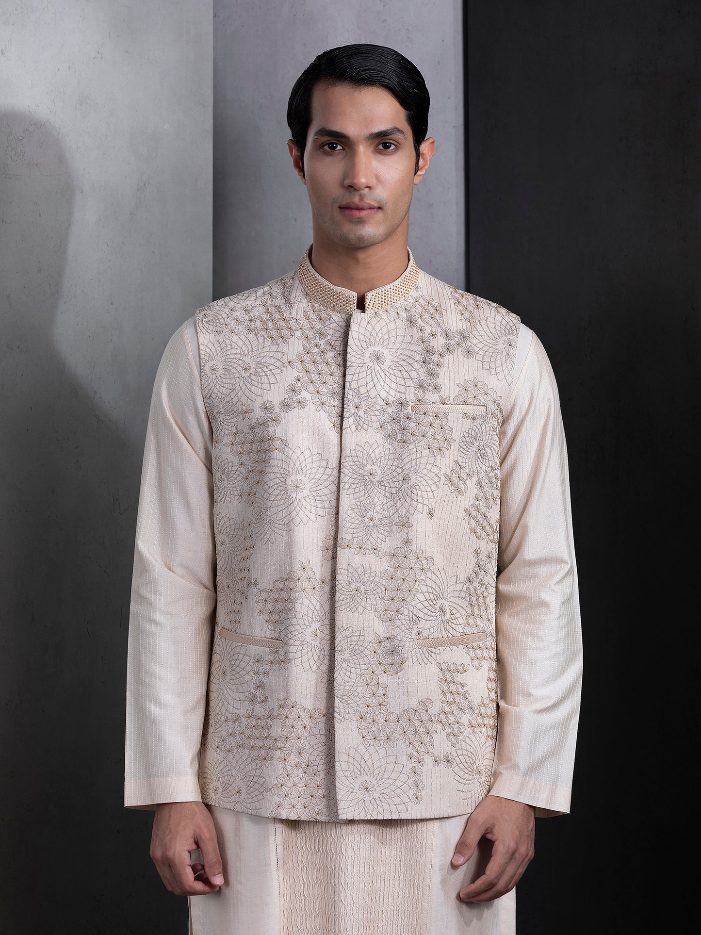 Beige Contemporary Hand Embroidered Jacket Set