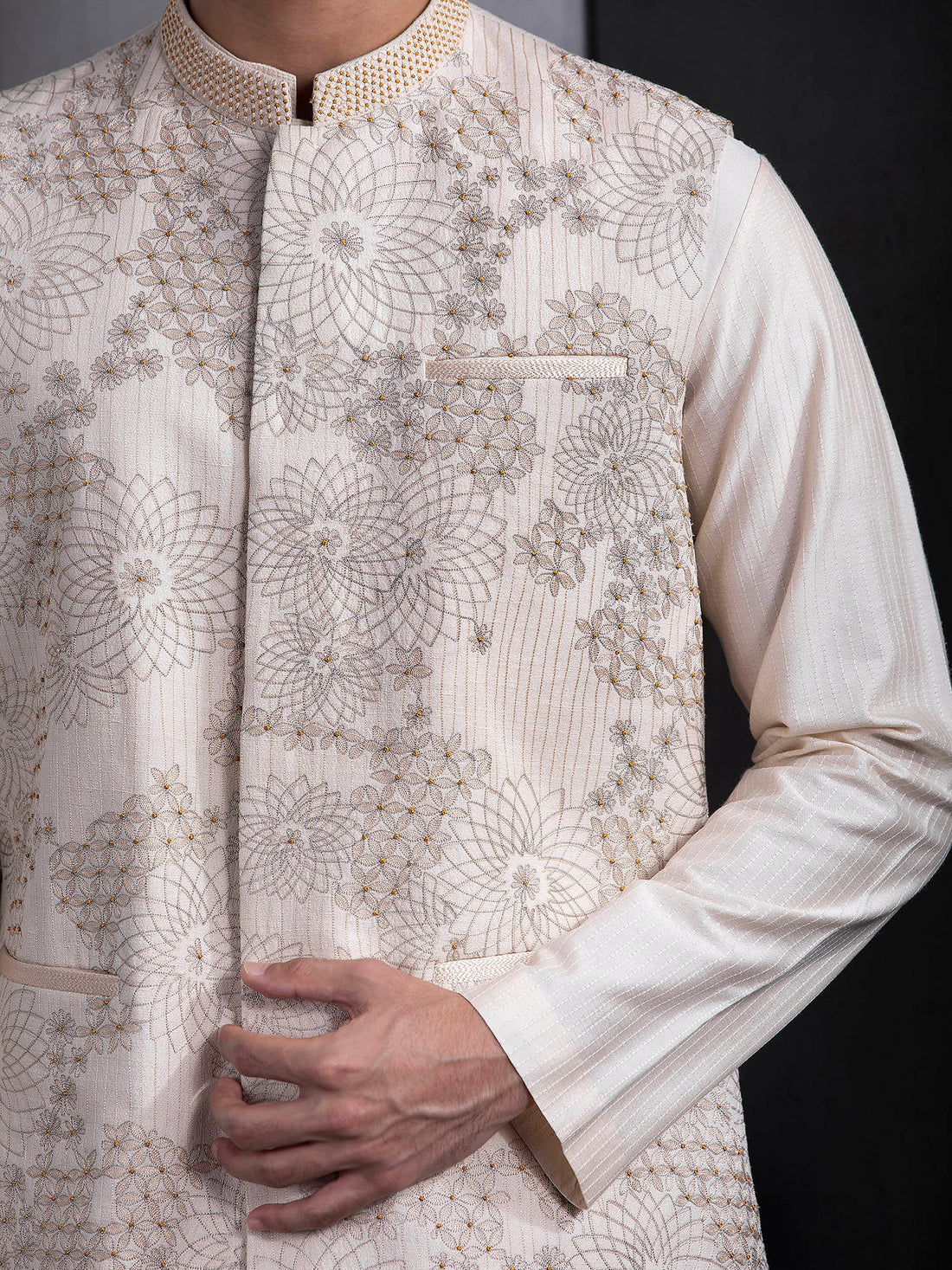 Beige Contemporary Hand Embroidered Bundi