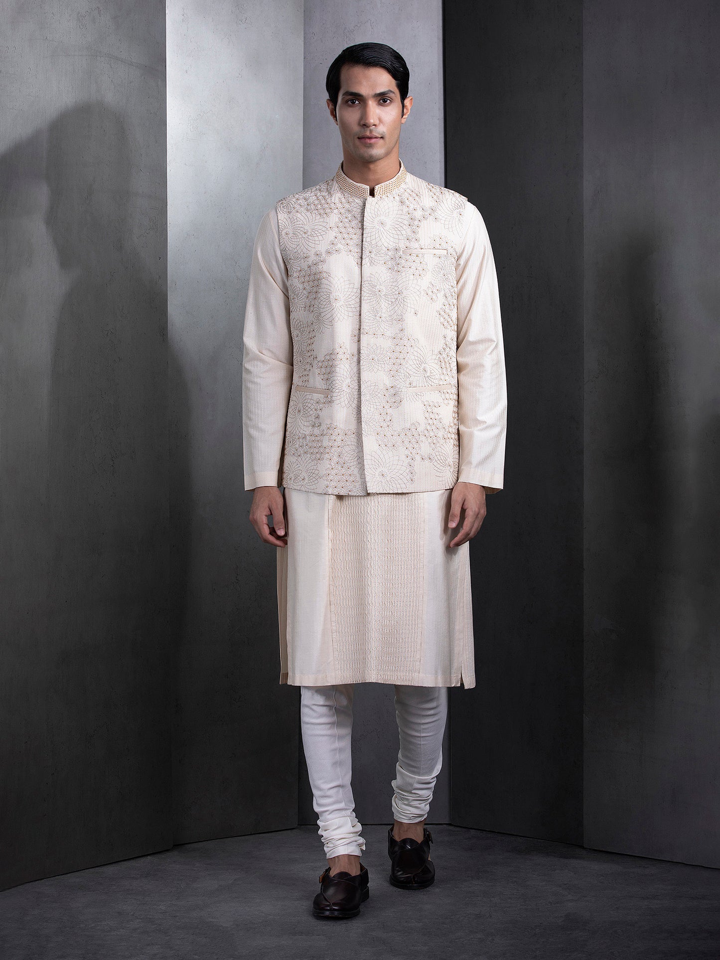 Beige Contemporary Hand Embroidered Bundi