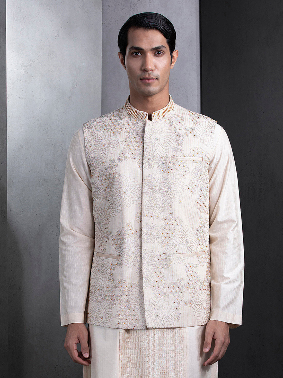 Beige Contemporary Hand Embroidered Bundi