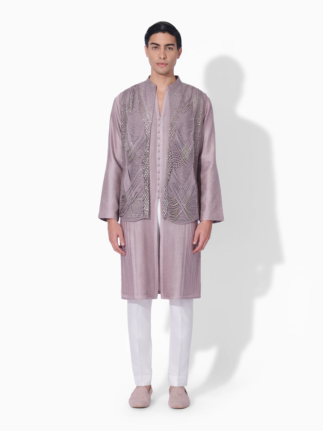 Rose Steel Embroidered Open-Front Bundi Set