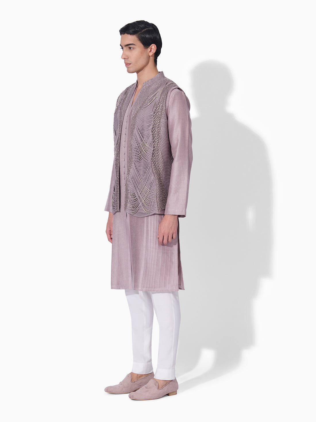 Rose Steel Embroidered Open-Front Bundi Set