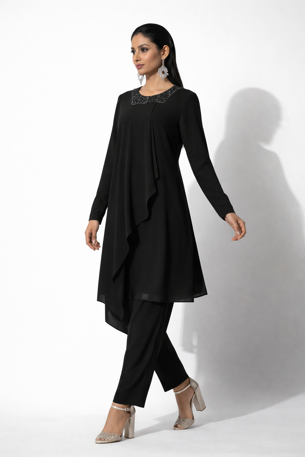 Black Paneled Kurta Set