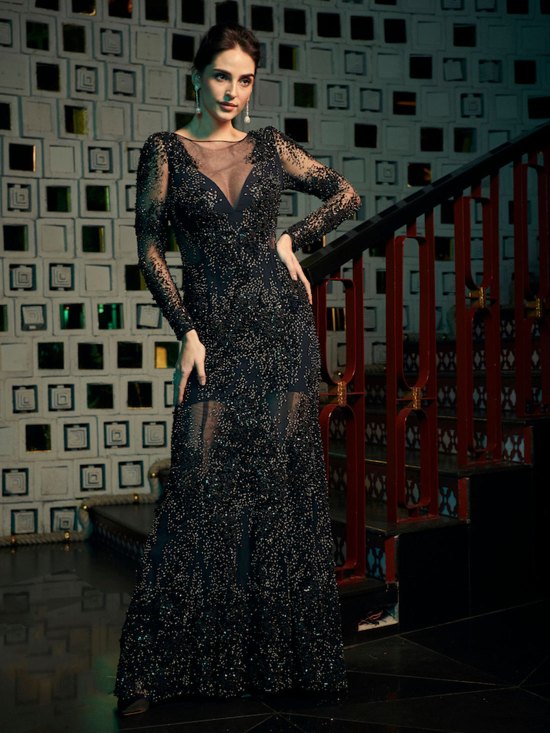 Sophie Choudry • In Sapphire Blue Embellished Gown