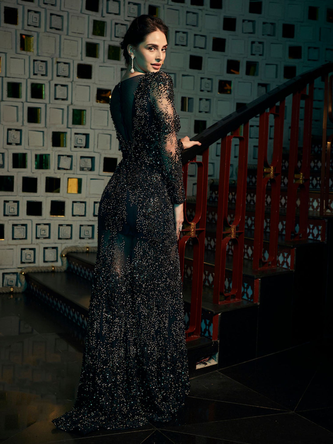 Sophie Choudry • In Sapphire Blue Embellished Gown