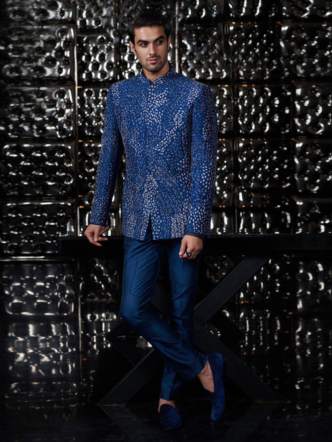 Galaxy Blue Meadow Bandhgala Set