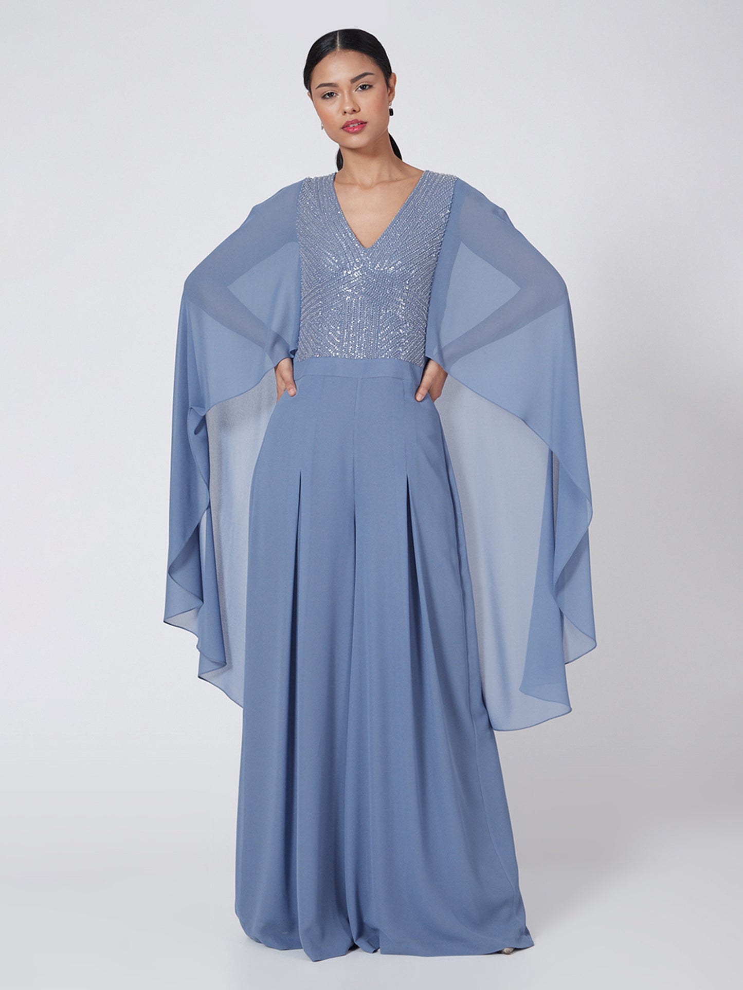 Mystic Blue Jumpsuit In Georgette Base With Cape Sleeves And Bugle And Crystal Embellishment