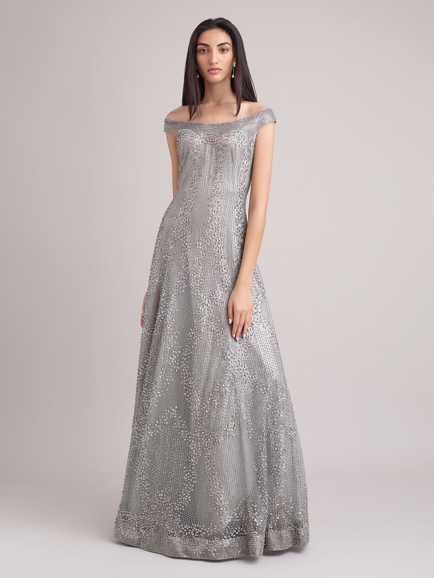 Silver Embroidered Off Shoulder Gown