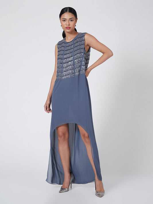 Stacked Sequin Embroidered High Low Dress