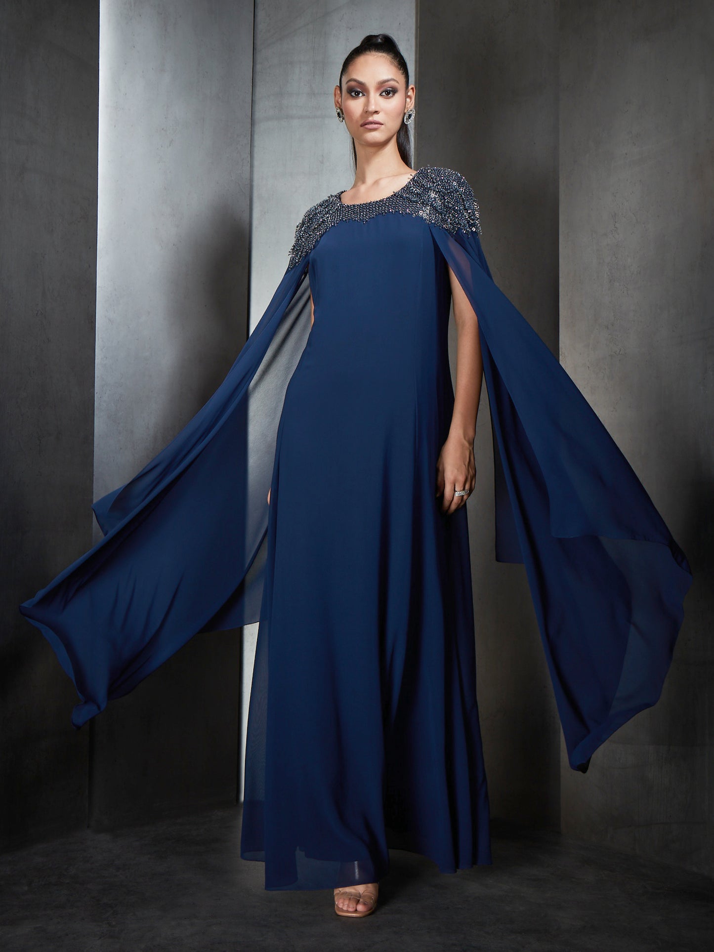 Galaxy Blue Embroidered Long Dress With Cape Sleeves