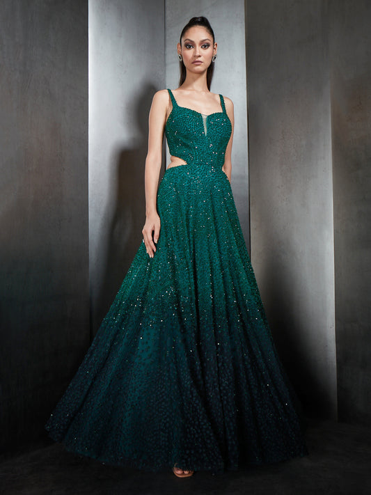 Emerald Ombre Embellished Gown