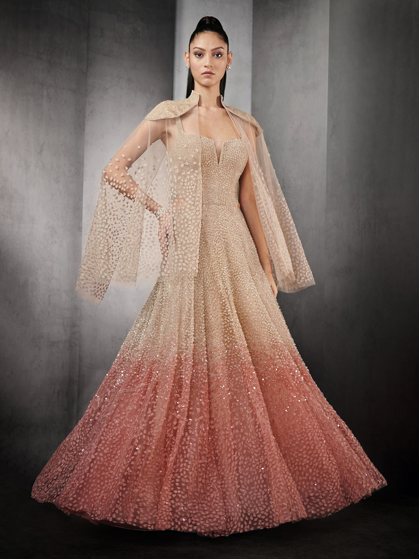 Ombre Embellished Gown With Cape