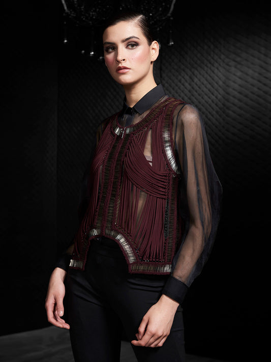 Wine Embellished Gilet Jacket