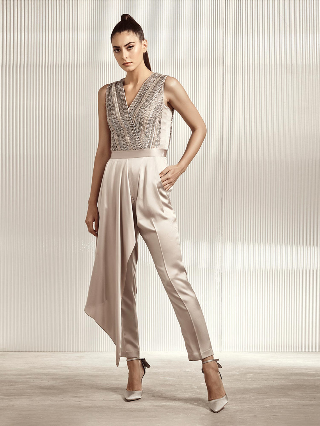 Rose Gold Embellished Draped Jumpsuit