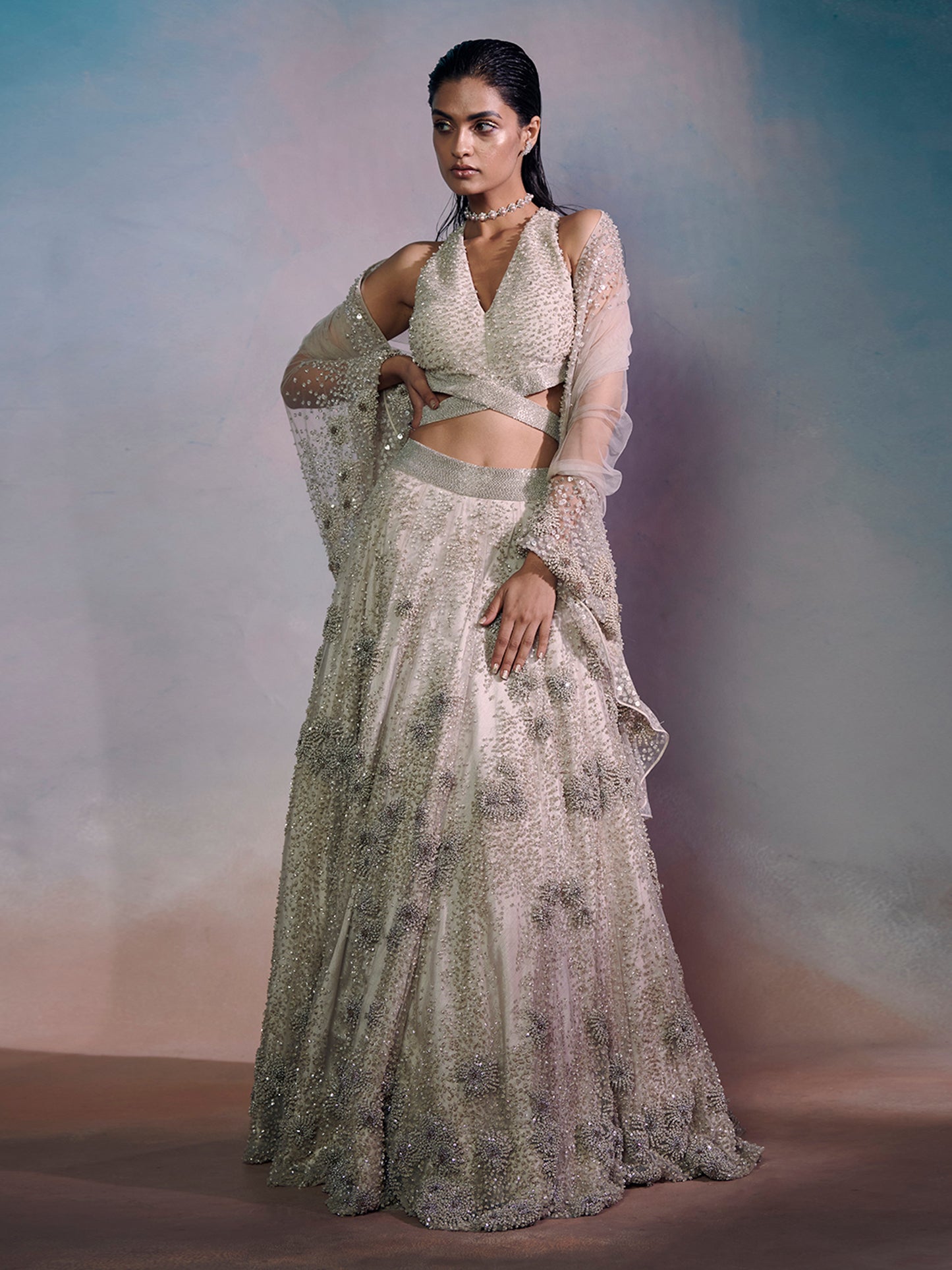 The Begonia Lehenga Set With Embrodiered Tulle Dupatta