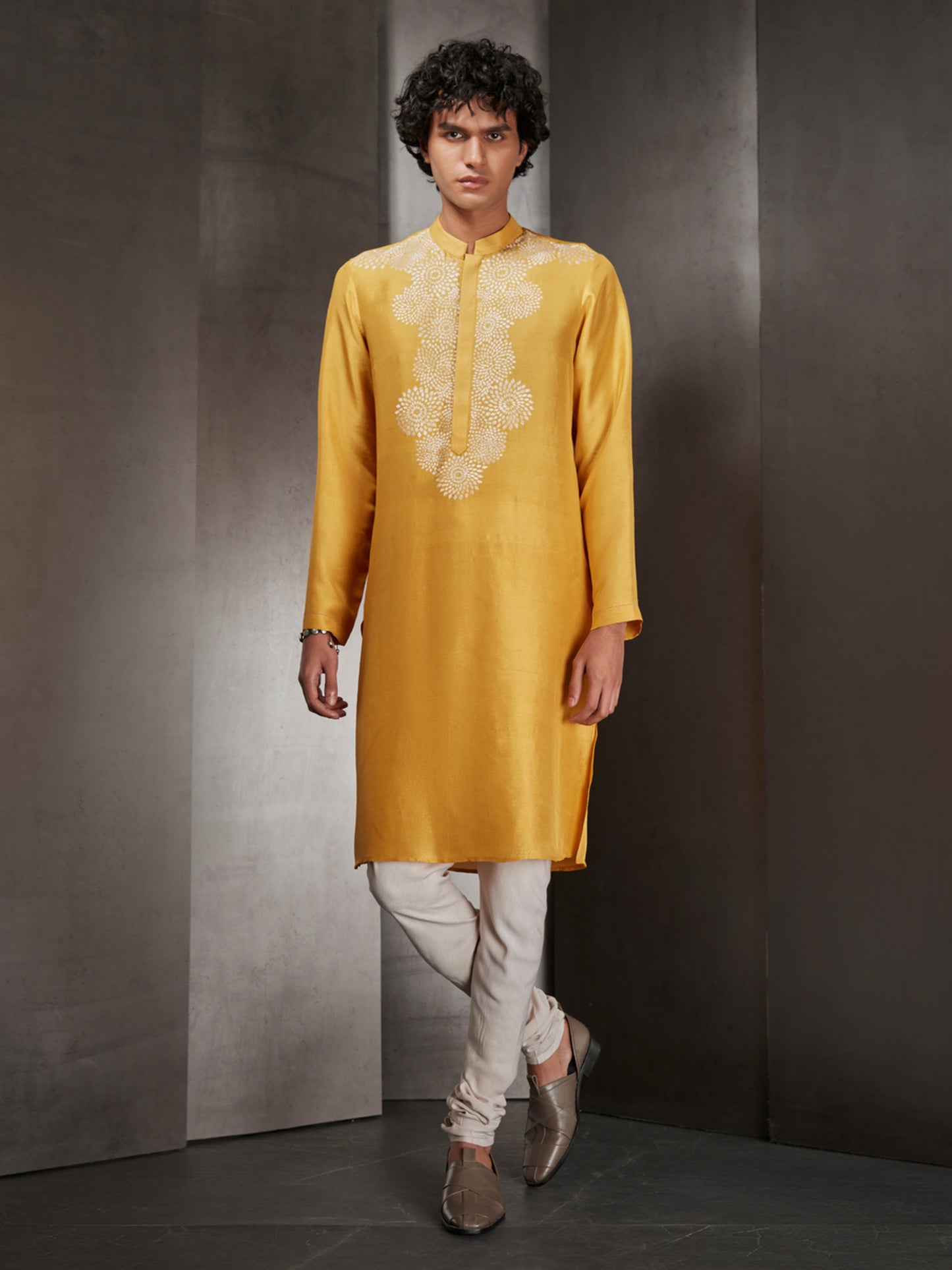 Yellow Long Kurta With A Hand Embroidered Yoke