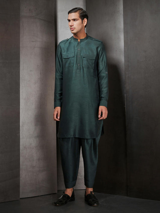 Green Double Pocket Kurta And Trouser Set