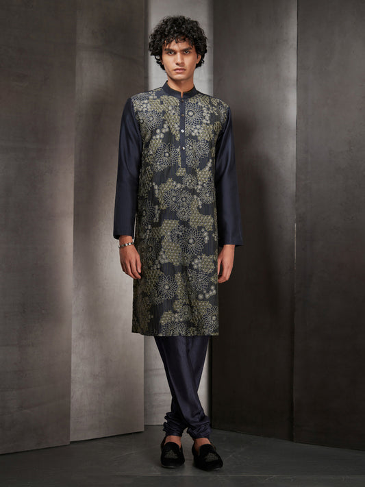 Navy And Olive Embroidered Kurta Set