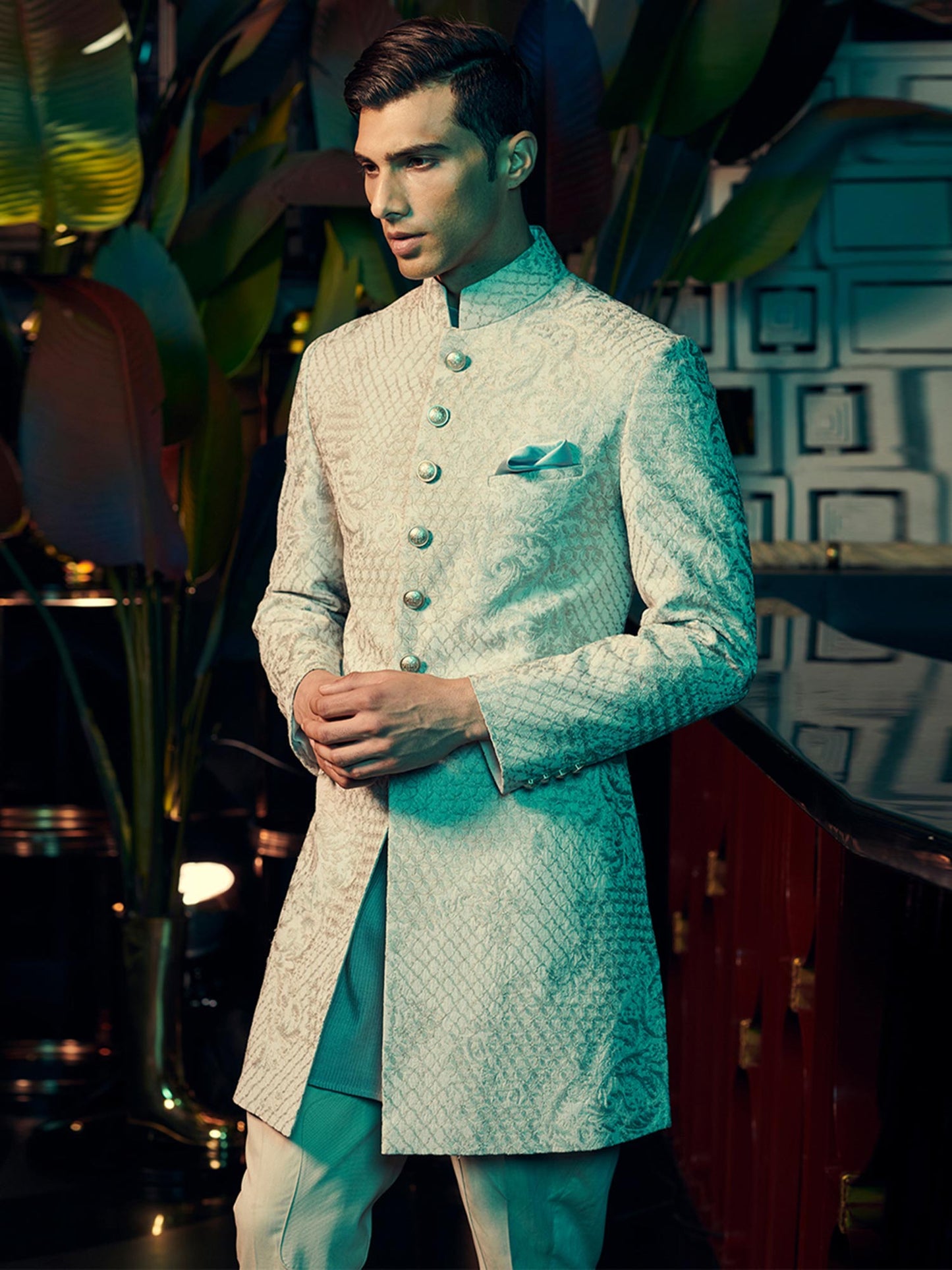 Silk Sherwani With Fan Pattern Layered Embroidery