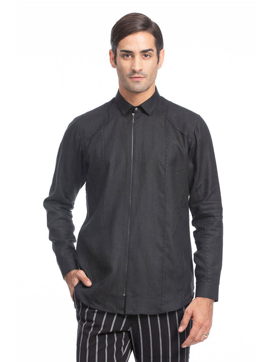 Black Linen Zipper Shirt