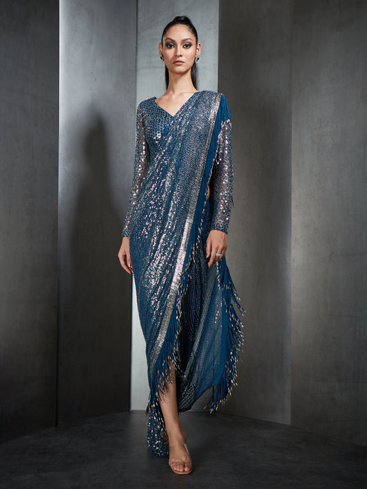 Draped Saree With Metallic Fringes, Paired With A One-Shoulder