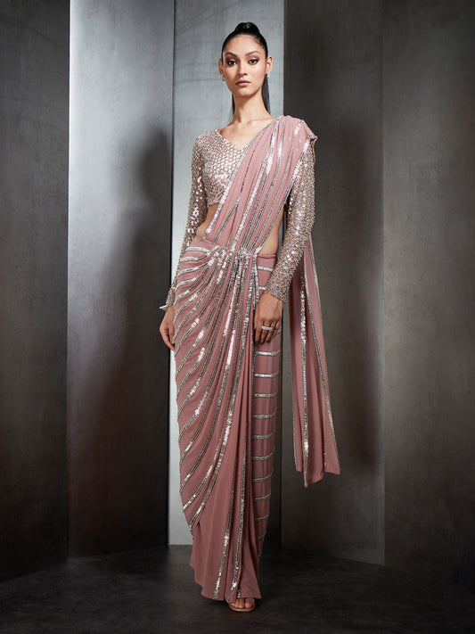 Draped Saree In Nylon Tulle Base With Linear Metallic Bead