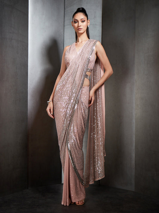 Pre Stich Sequin Crystal Beaded With Fringe Saree