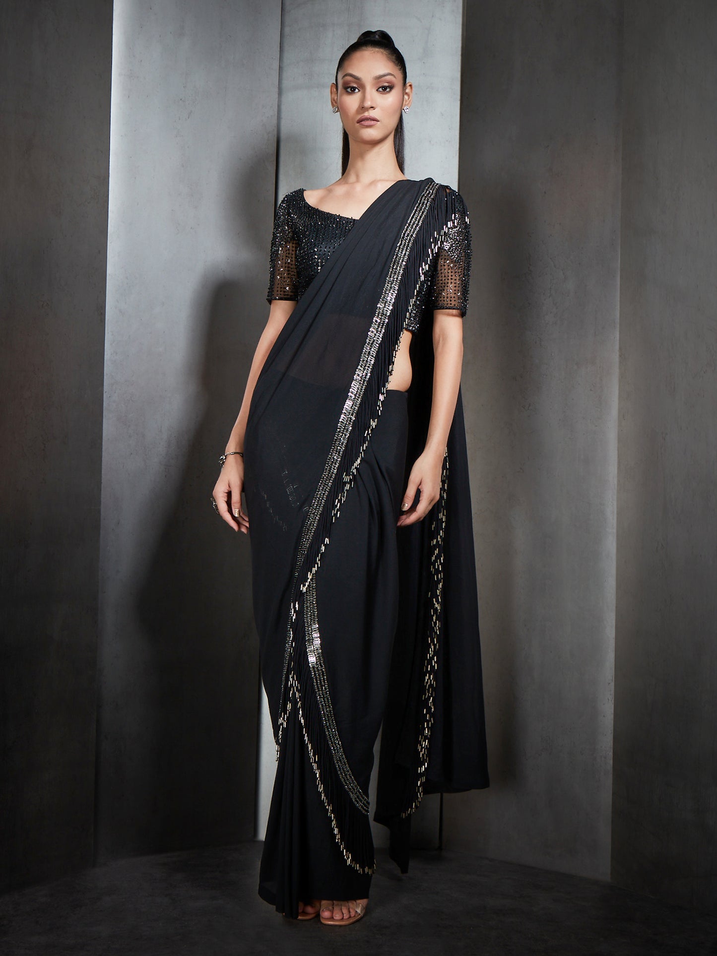 Black Tassel Saree With Metallic Embellishments