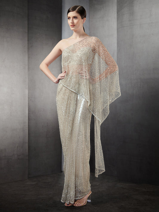 One Shoulder Saree Gown With Full Sequin Embroidery
