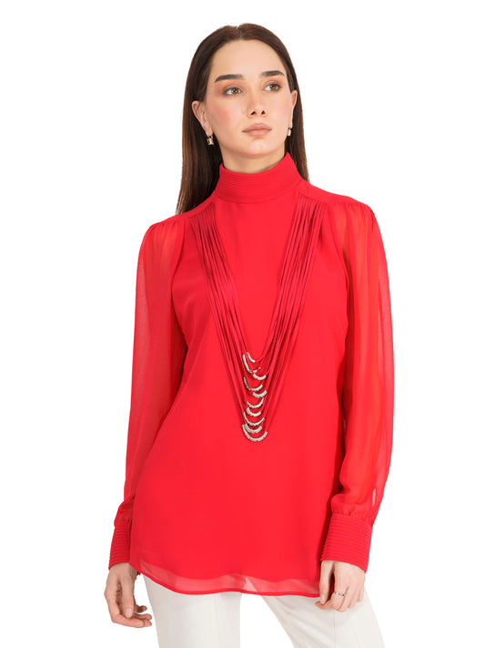 Aster Pink Mock Neck Blouse With Necklace Detail