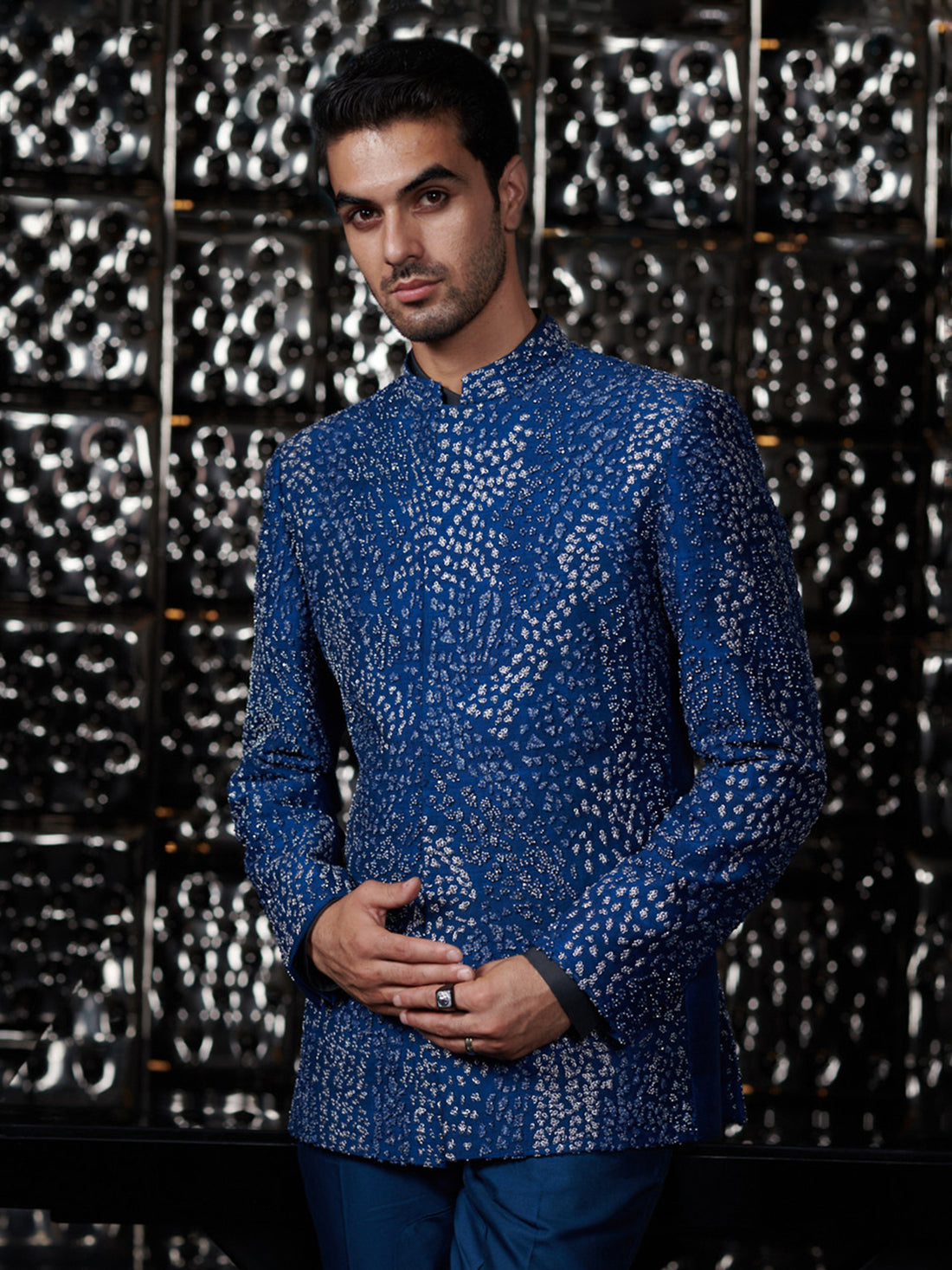 Galaxy Blue Meadow Bandhgala Set