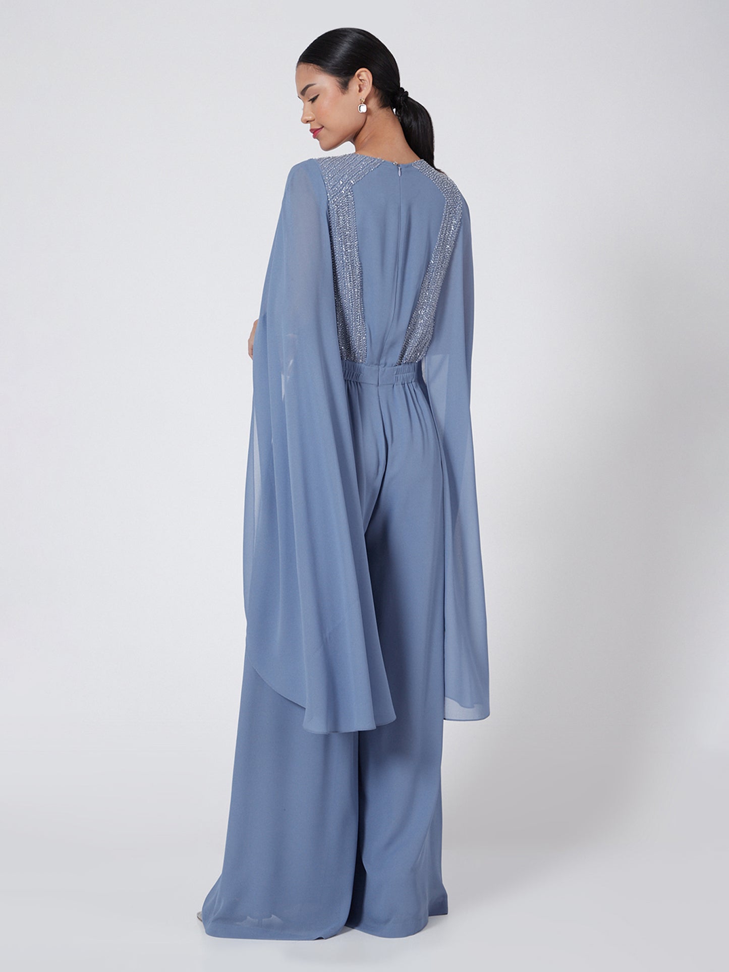 Mystic Blue Jumpsuit In Georgette Base With Cape Sleeves And Bugle And Crystal Embellishment