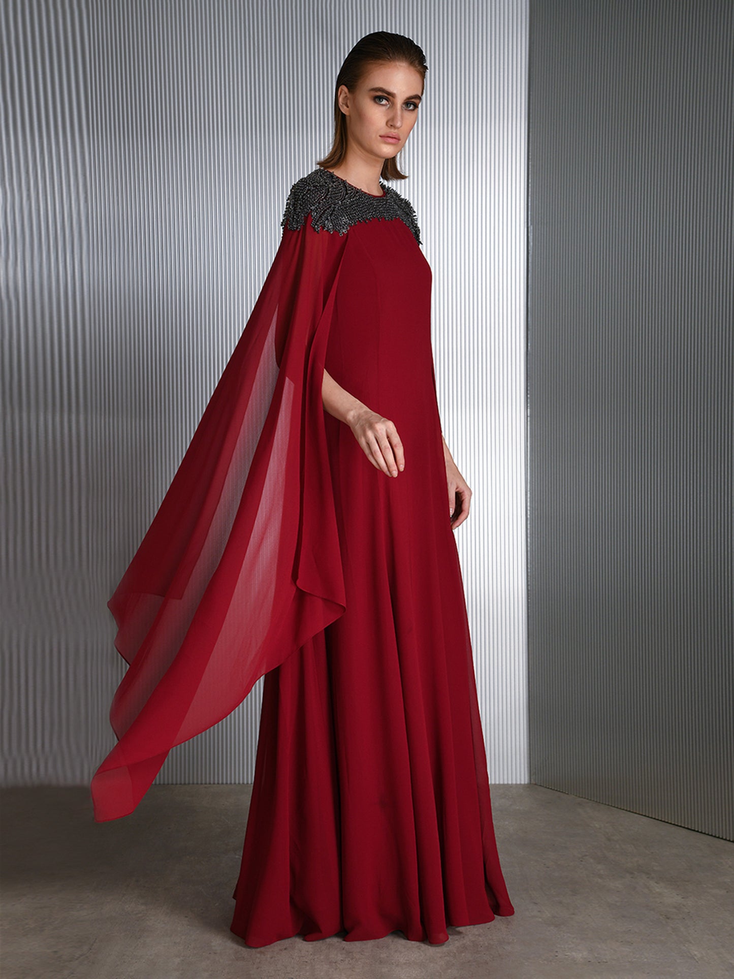 Embroidered Long Dress With Cape Sleeves