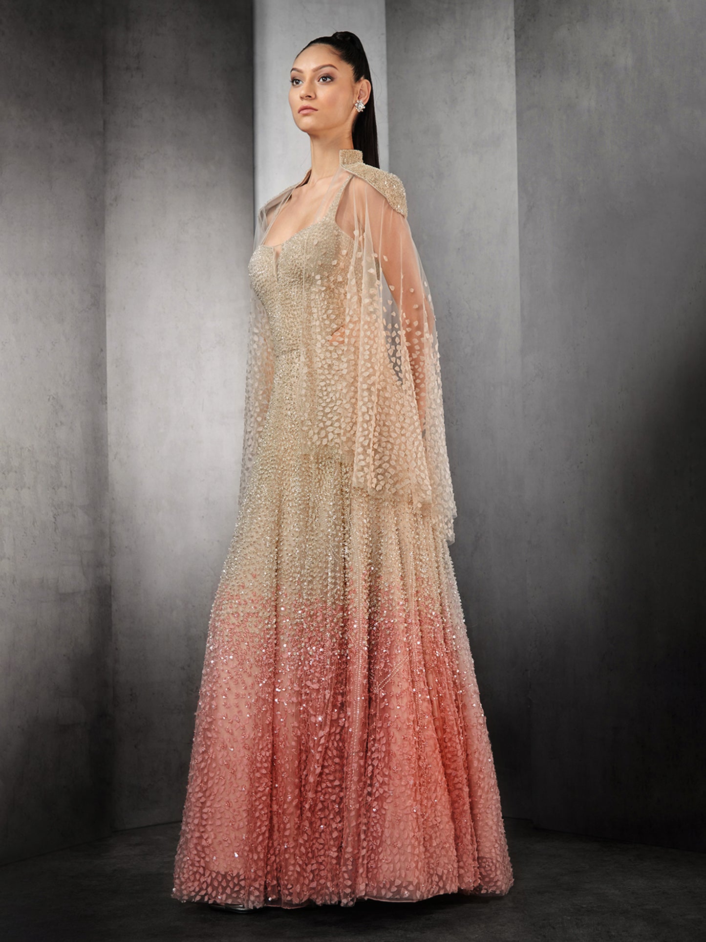 Ombre Embellished Gown With Cape