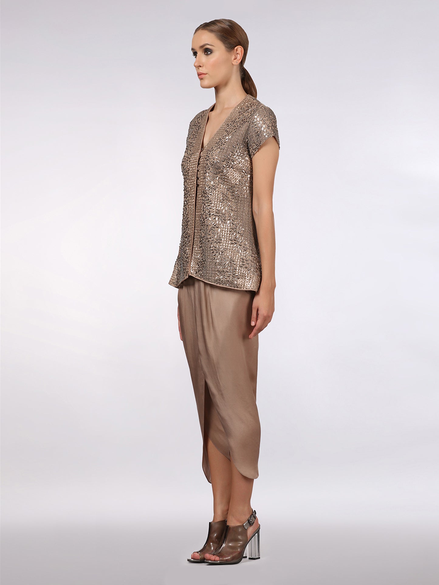 Embellished Jacket With A V-neckline Detailed With Satin Dhoti Trouser