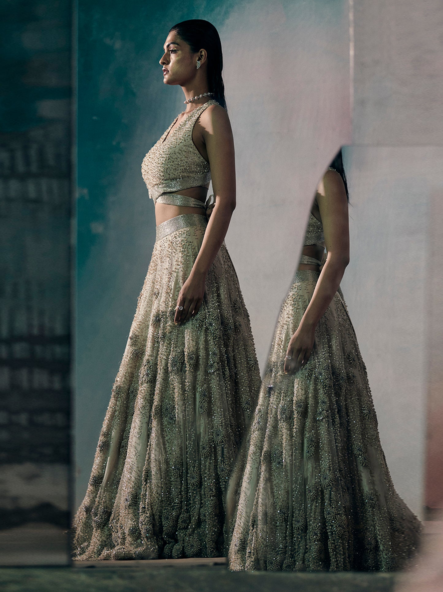 The Begonia Lehenga Set With Embrodiered Tulle Dupatta