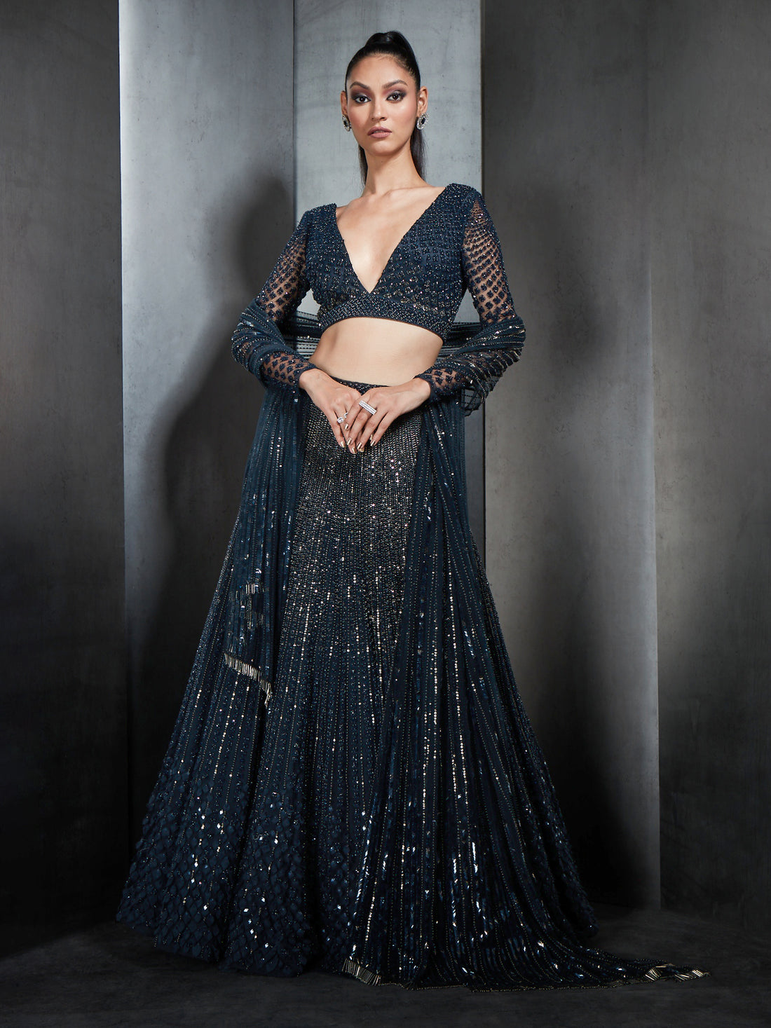 Heavily Embellished Lehenga With Deep V-Neck Blouse