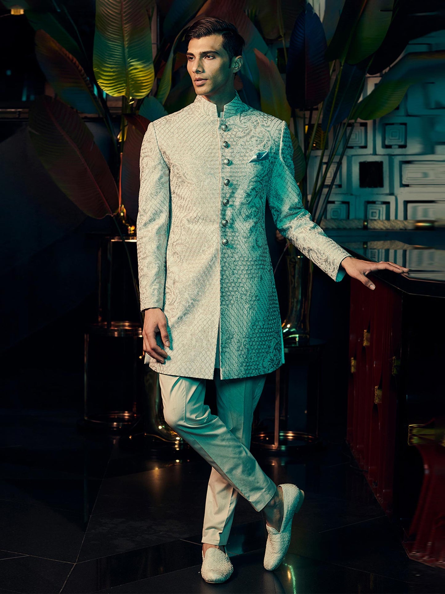 Silk Sherwani With Fan Pattern Layered Embroidery