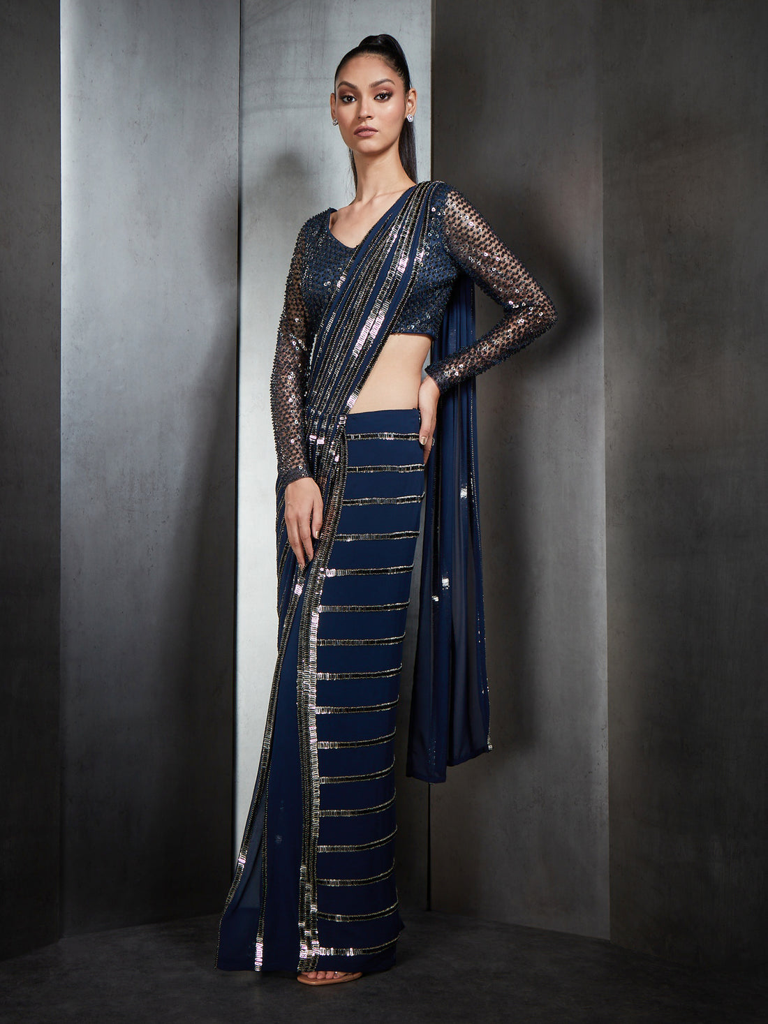 Draped Saree In Nylon Tulle Base With Linear Metallic Bead